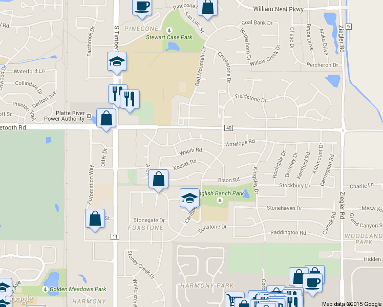 map of restaurants, bars, coffee shops, grocery stores, and more near 2406 Kodiak Road in Fort Collins