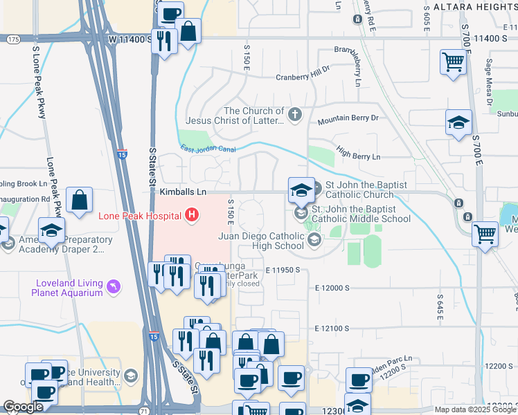 map of restaurants, bars, coffee shops, grocery stores, and more near 11832 Cottage View Lane in Draper