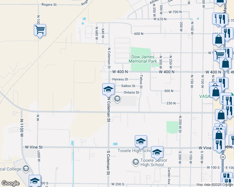map of restaurants, bars, coffee shops, grocery stores, and more near 529 Ontario Street in Tooele