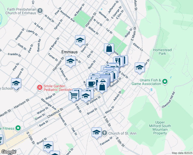 map of restaurants, bars, coffee shops, grocery stores, and more near 29 North 4th Street in Emmaus