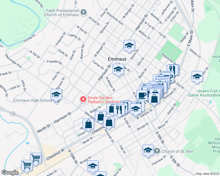 map of restaurants, bars, coffee shops, grocery stores, and more near 211 North Sixth Street in Emmaus