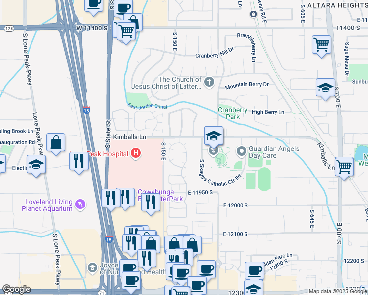 map of restaurants, bars, coffee shops, grocery stores, and more near 11832 Cottage View Lane in Draper