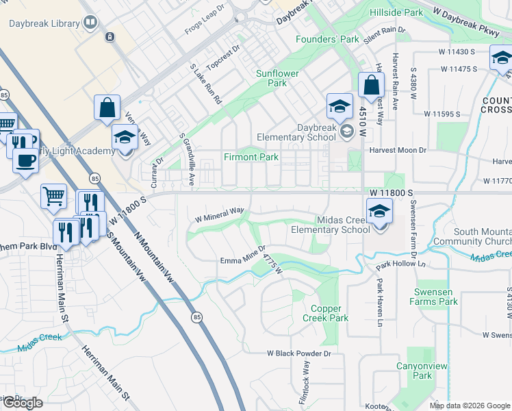 map of restaurants, bars, coffee shops, grocery stores, and more near 11834 Carbide Court in Herriman