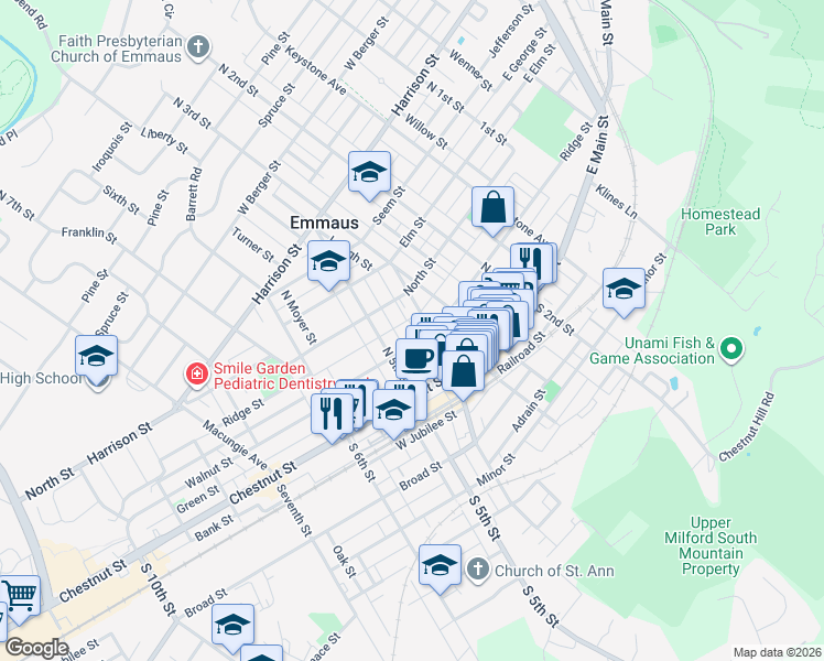 map of restaurants, bars, coffee shops, grocery stores, and more near 423 Ridge Street in Emmaus