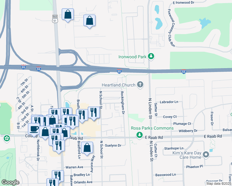 map of restaurants, bars, coffee shops, grocery stores, and more near 121 Crossing Drive in Normal
