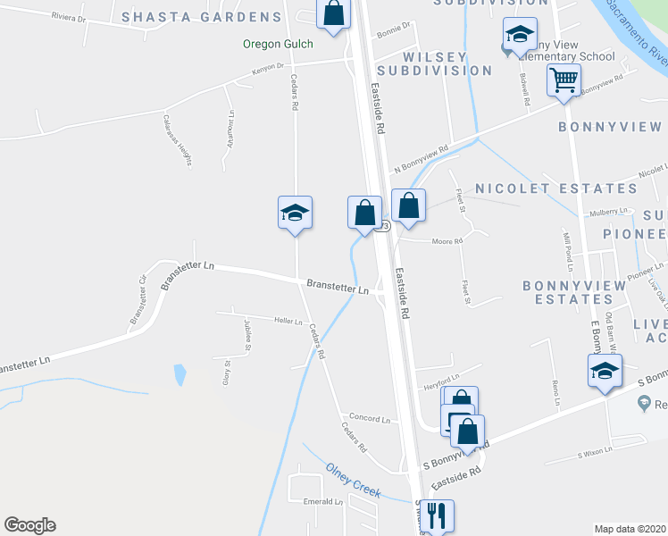 map of restaurants, bars, coffee shops, grocery stores, and more near 2158 Branstetter Lane in Redding