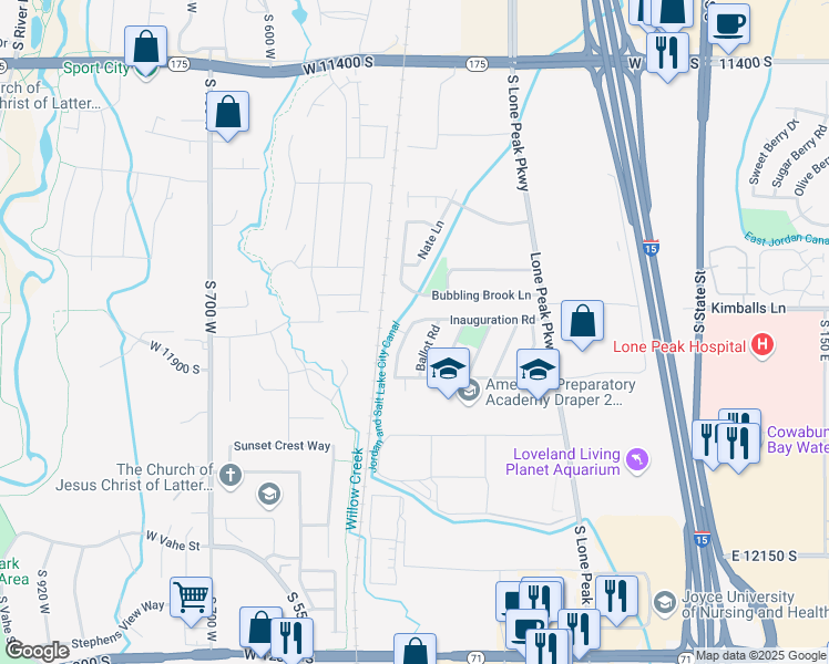 map of restaurants, bars, coffee shops, grocery stores, and more near 11827 Inauguration Road in Draper