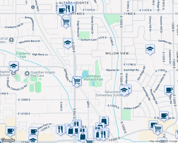 map of restaurants, bars, coffee shops, grocery stores, and more near South Spiraea Way in Draper