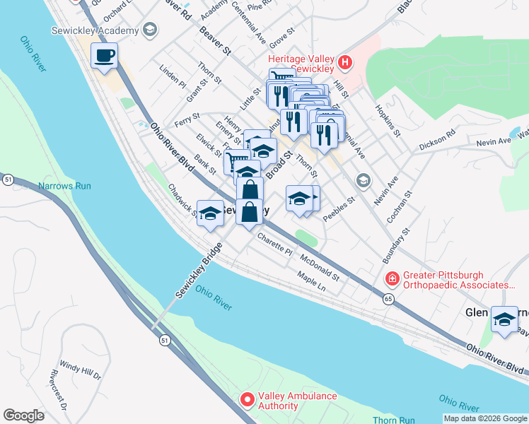 map of restaurants, bars, coffee shops, grocery stores, and more near 200 Chestnut Street in Sewickley