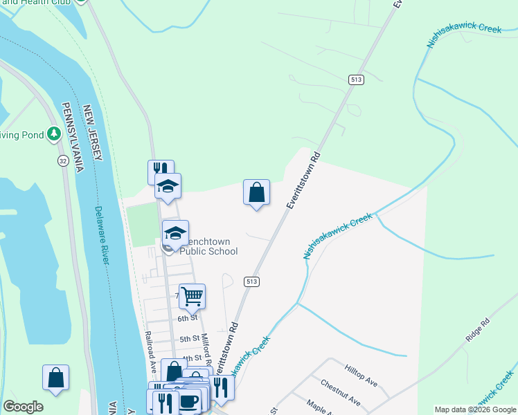 map of restaurants, bars, coffee shops, grocery stores, and more near 57 Everittstown Road in Frenchtown