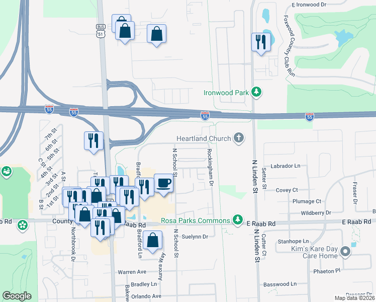 map of restaurants, bars, coffee shops, grocery stores, and more near 211 Crossing Drive in Normal