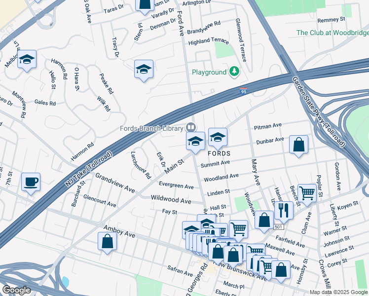 map of restaurants, bars, coffee shops, grocery stores, and more near 19 Overlook Terrace in Woodbridge Township