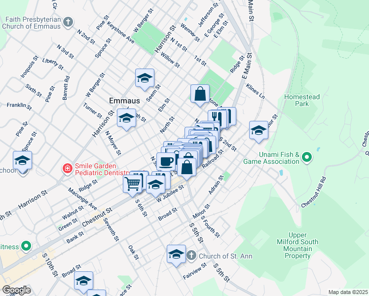 map of restaurants, bars, coffee shops, grocery stores, and more near 38 North 3rd Street in Emmaus