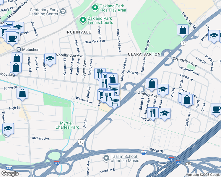 map of restaurants, bars, coffee shops, grocery stores, and more near 1188 Amboy Avenue in Metuchen