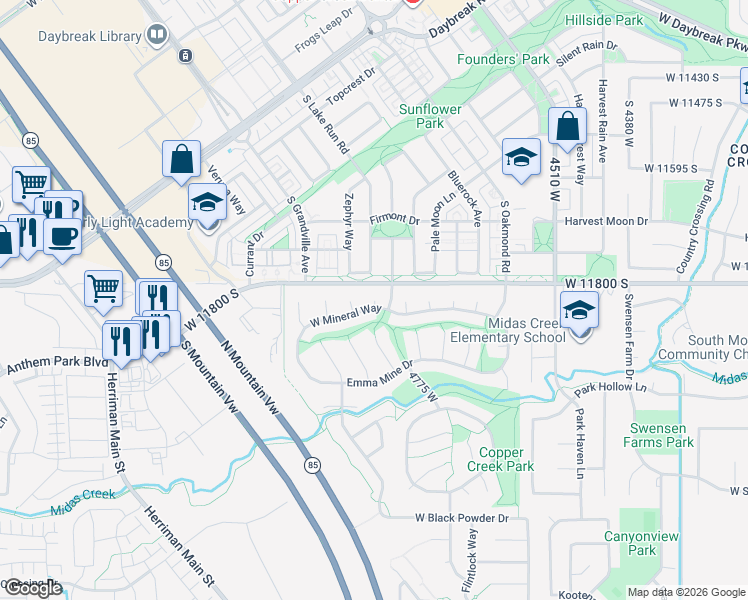 map of restaurants, bars, coffee shops, grocery stores, and more near 4853 West Mineral Way in Herriman
