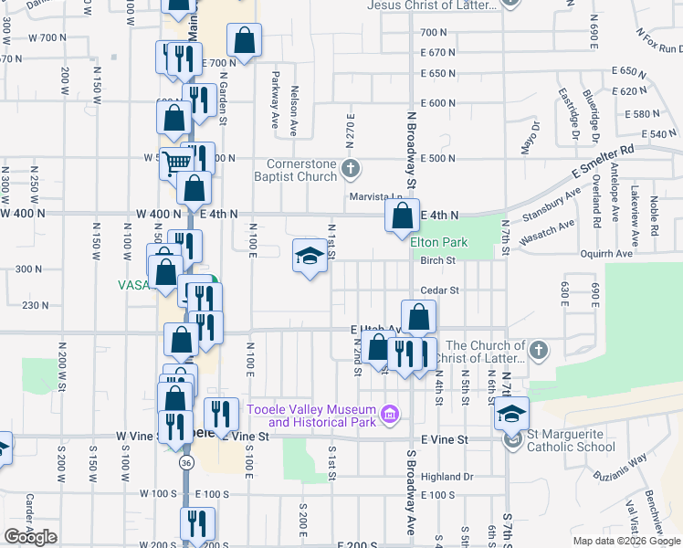 map of restaurants, bars, coffee shops, grocery stores, and more near 254 North 1st Street in Tooele