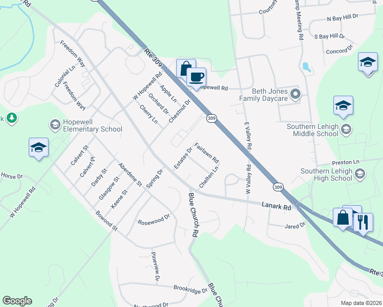 map of restaurants, bars, coffee shops, grocery stores, and more near 5078 Hampshire Road in Lehigh County