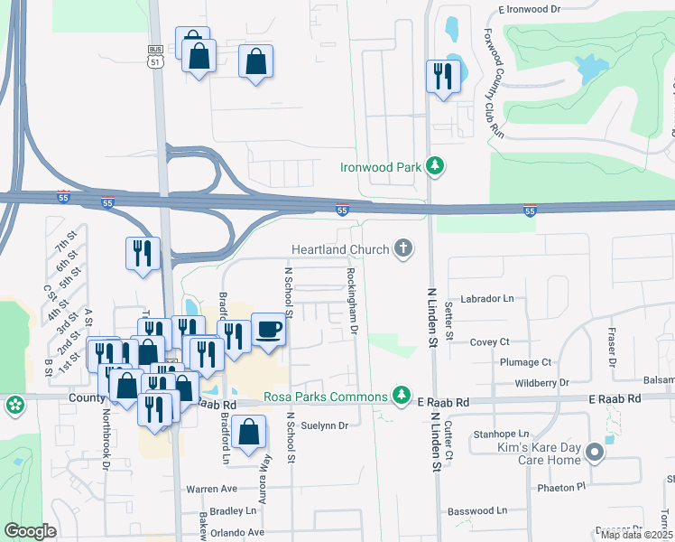 map of restaurants, bars, coffee shops, grocery stores, and more near 100 Northfield Drive in Normal