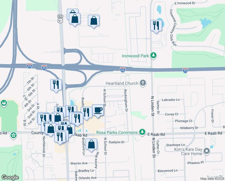 map of restaurants, bars, coffee shops, grocery stores, and more near 211 Crossing Drive in Normal