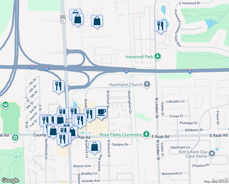 map of restaurants, bars, coffee shops, grocery stores, and more near 211 Crossing Drive in Normal