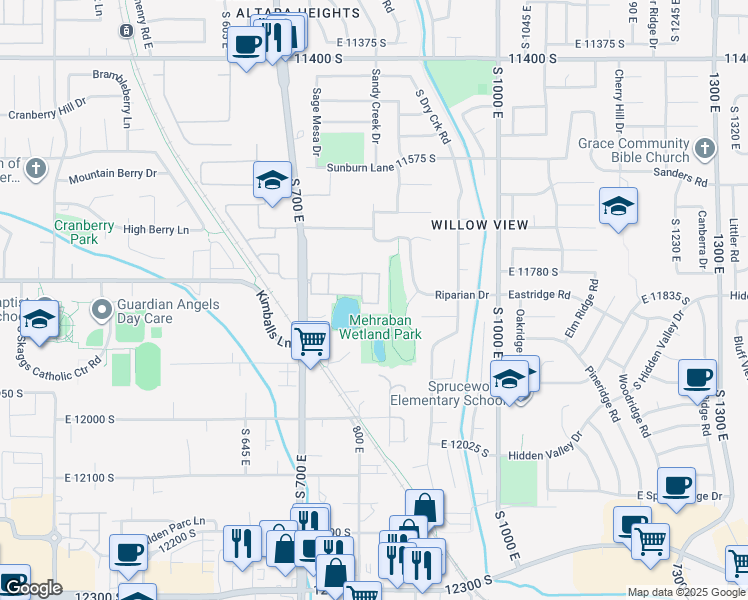 map of restaurants, bars, coffee shops, grocery stores, and more near 795 Sunrise View Drive in Draper