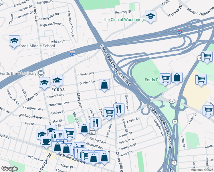 map of restaurants, bars, coffee shops, grocery stores, and more near 215 Summit Avenue in Woodbridge Township