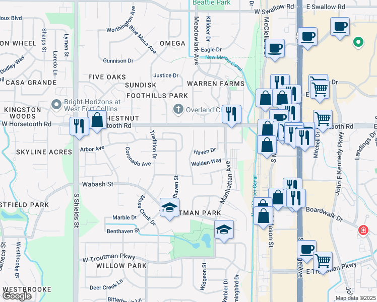 map of restaurants, bars, coffee shops, grocery stores, and more near 3701 Rockaway Street in Fort Collins