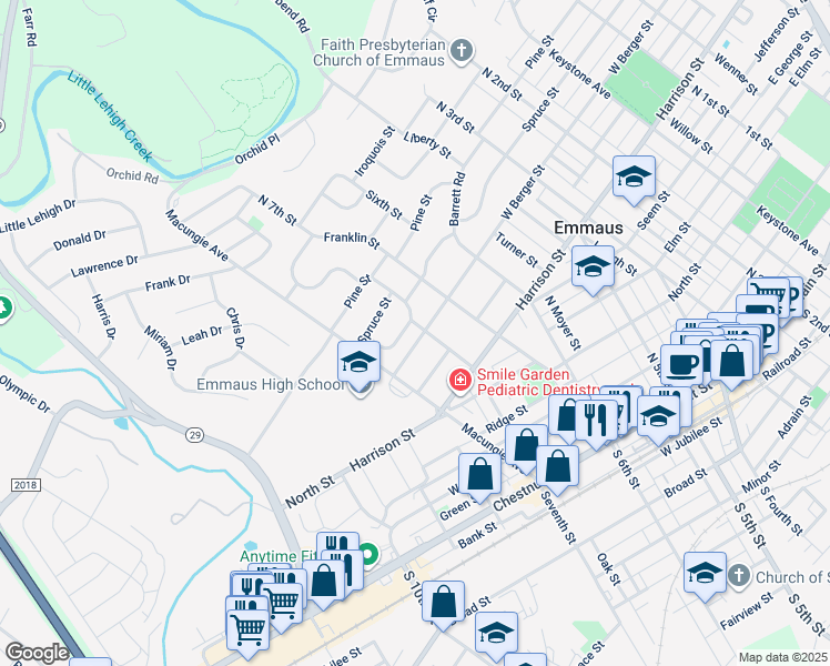map of restaurants, bars, coffee shops, grocery stores, and more near 711 West Berger Street in Emmaus