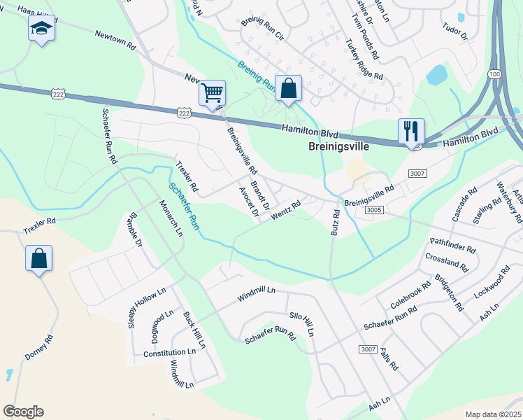 map of restaurants, bars, coffee shops, grocery stores, and more near 1236 Brandt Drive in Breinigsville