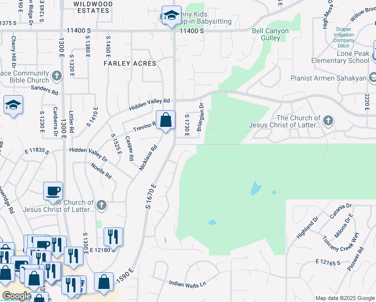map of restaurants, bars, coffee shops, grocery stores, and more near 1710 East Hidden Valley Club Drive in Sandy