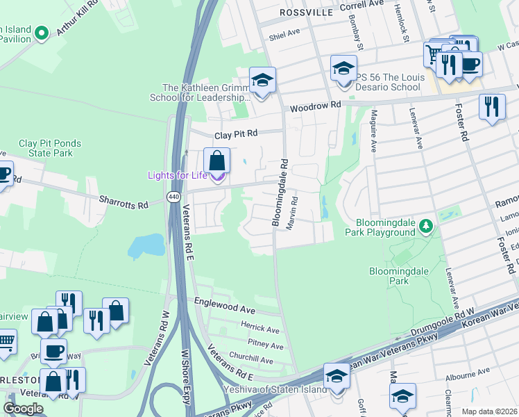 map of restaurants, bars, coffee shops, grocery stores, and more near 17 Mallard Lane in Staten Island