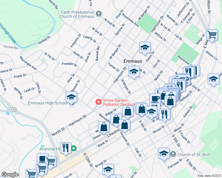 map of restaurants, bars, coffee shops, grocery stores, and more near 319 Franklin Street in Emmaus