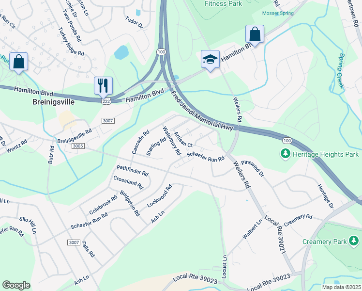 map of restaurants, bars, coffee shops, grocery stores, and more near 1512 Artisan Court in Breinigsville