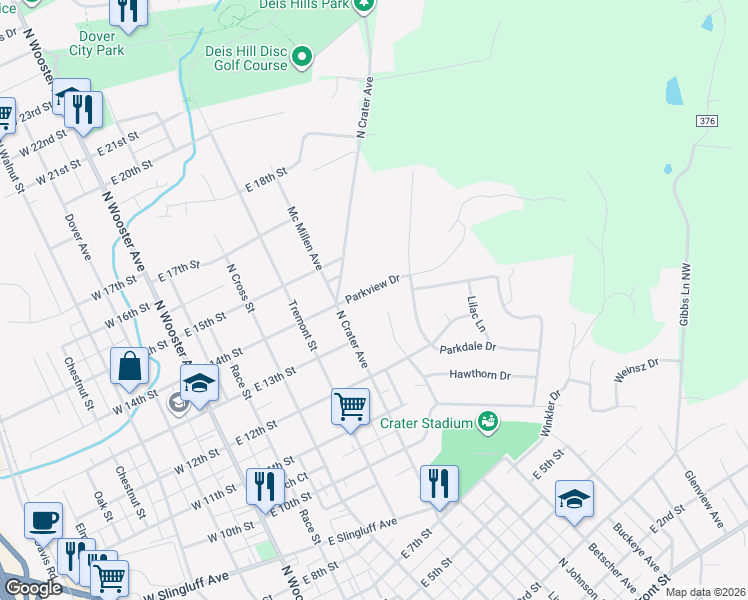 map of restaurants, bars, coffee shops, grocery stores, and more near 1324 Meadowbrook Drive in Dover