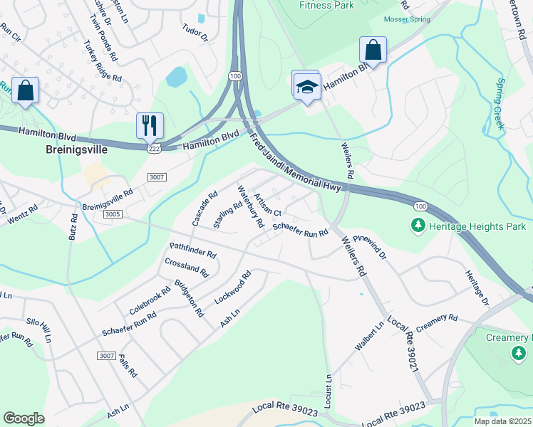 map of restaurants, bars, coffee shops, grocery stores, and more near 1508 Artisan Court in Breinigsville