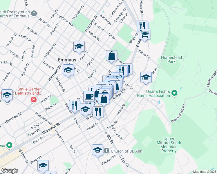 map of restaurants, bars, coffee shops, grocery stores, and more near 19 North 3rd Street in Emmaus