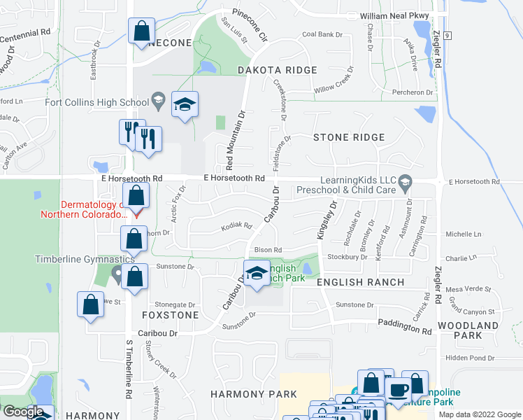 map of restaurants, bars, coffee shops, grocery stores, and more near 2531 Wapiti Road in Fort Collins