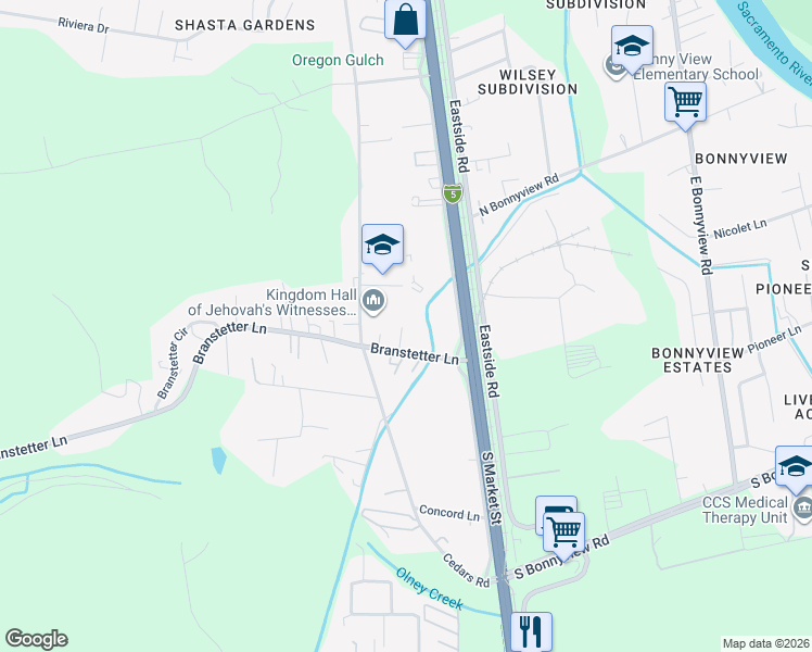 map of restaurants, bars, coffee shops, grocery stores, and more near 2130 Branstetter Lane in Redding