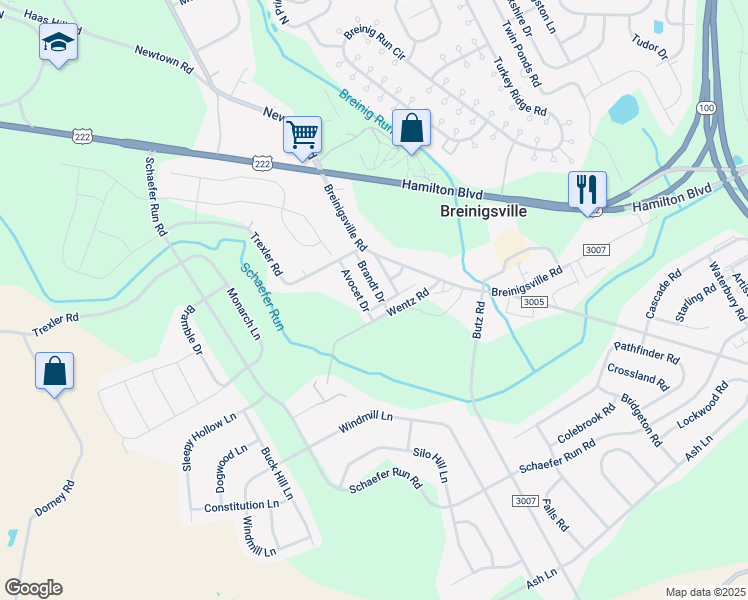 map of restaurants, bars, coffee shops, grocery stores, and more near 1236 Brandt Drive in Breinigsville