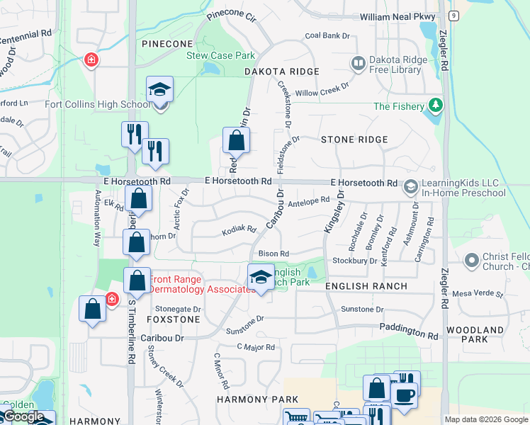 map of restaurants, bars, coffee shops, grocery stores, and more near 2531 Wapiti Road in Fort Collins