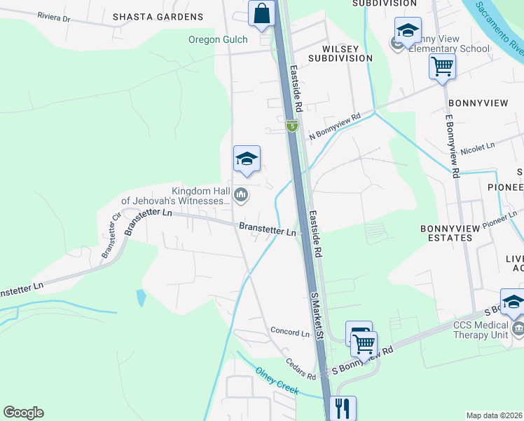 map of restaurants, bars, coffee shops, grocery stores, and more near 2130 Branstetter Lane in Redding