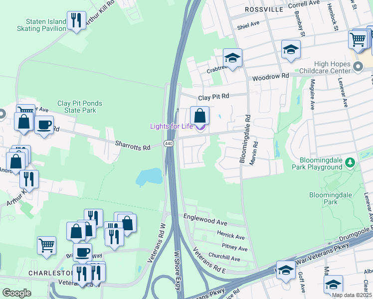 map of restaurants, bars, coffee shops, grocery stores, and more near 57 Darnell Lane in Staten Island