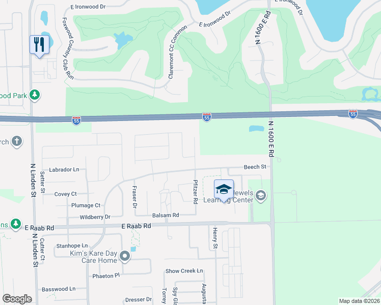 map of restaurants, bars, coffee shops, grocery stores, and more near 1800 Pfitzer Road in Normal