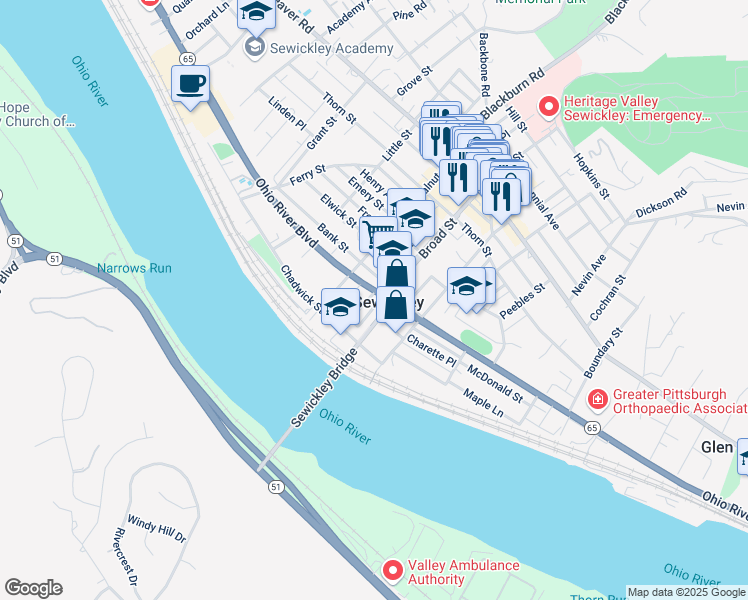 map of restaurants, bars, coffee shops, grocery stores, and more near 145 Bradley Lane in Sewickley