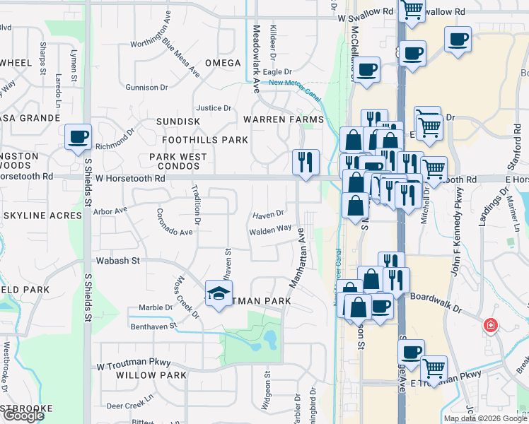 map of restaurants, bars, coffee shops, grocery stores, and more near 515 Haven Drive in Fort Collins