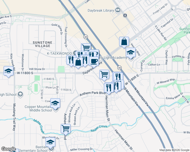 map of restaurants, bars, coffee shops, grocery stores, and more near 11821 Rushmore Park Lane in Herriman