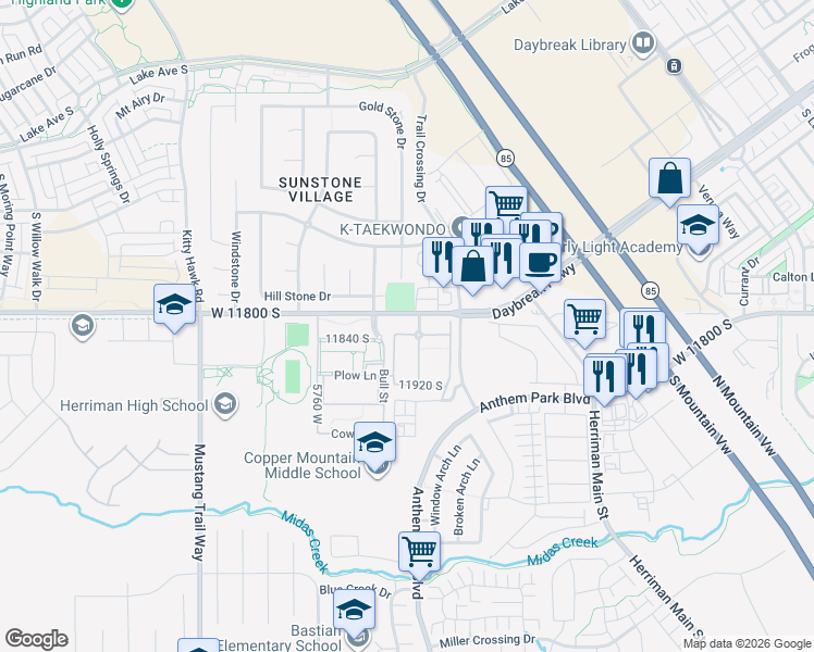 map of restaurants, bars, coffee shops, grocery stores, and more near 5520 West Roe Deer Lane in Herriman