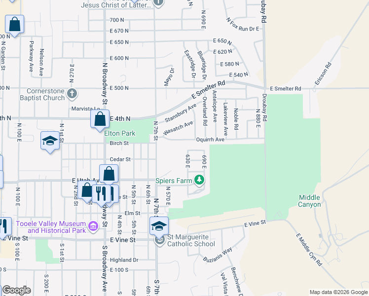 map of restaurants, bars, coffee shops, grocery stores, and more near 267 630 East in Tooele