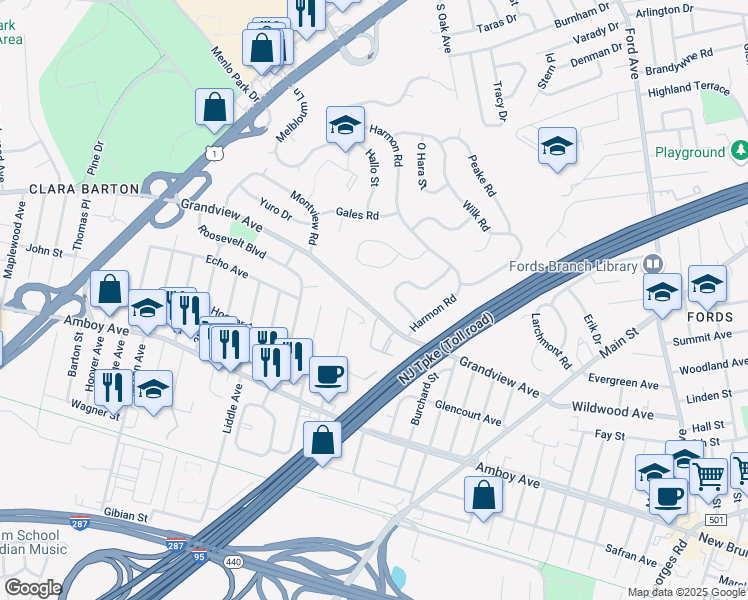 map of restaurants, bars, coffee shops, grocery stores, and more near 180 Grandview Avenue in Edison