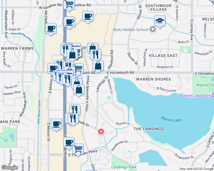 map of restaurants, bars, coffee shops, grocery stores, and more near 336 Leeward Court in Fort Collins
